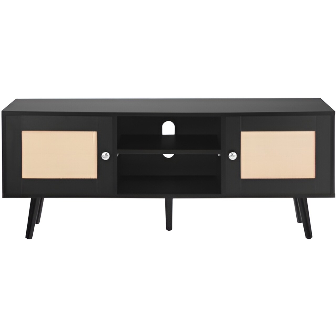 Rattan TV Stand for 55 Inch TV Bohemian Style Media Console with Storage Cabinets